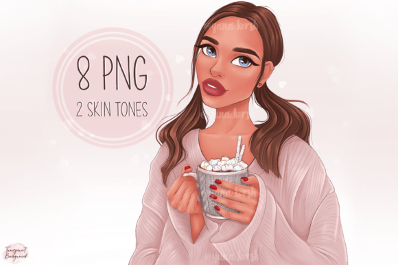 Fashion Girl with Cacao Cup Clipart: A Cozy Design Asset
